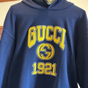 Men's Gucci cotton jersey hoodie Dark Blue Hoodie with Yellow Accents.